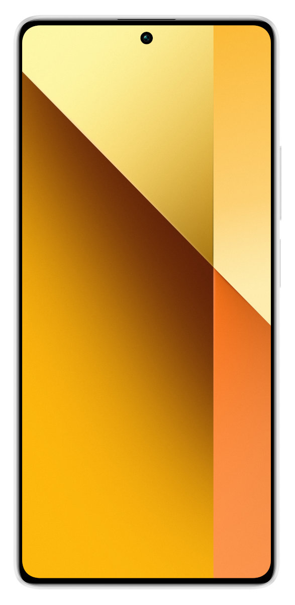 Biały smartfon na białej powierzchni, pokazujący abstrakcyjny, kolorowy ekran.