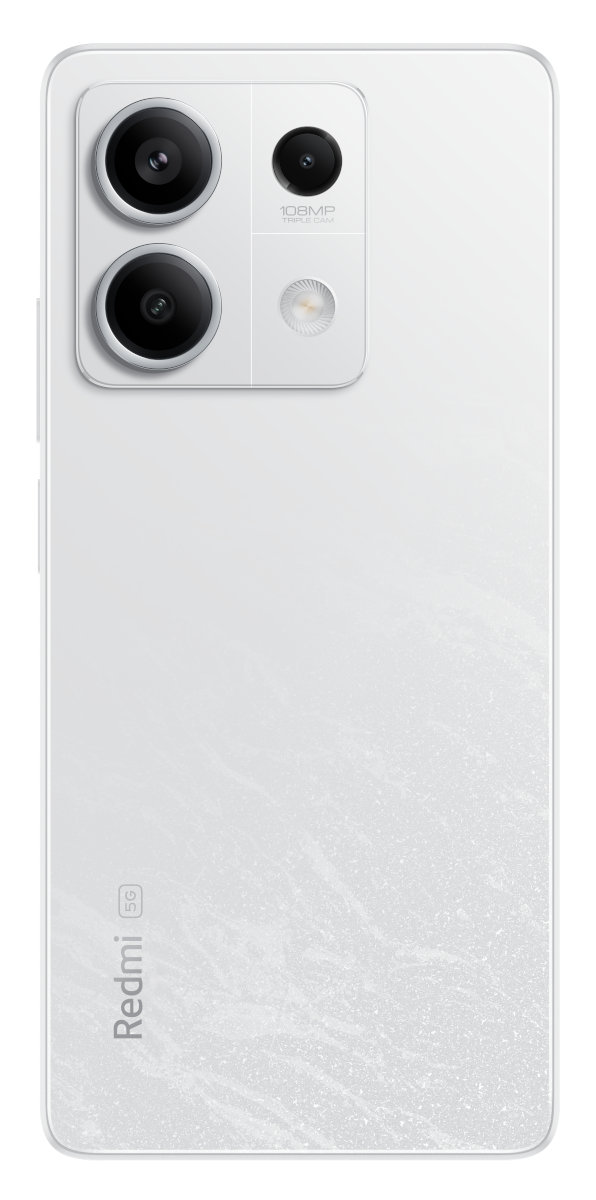 Biały tył smartfona z podwójnymi aparatami, obiektywem 108MP i logo Redmi 5G.
