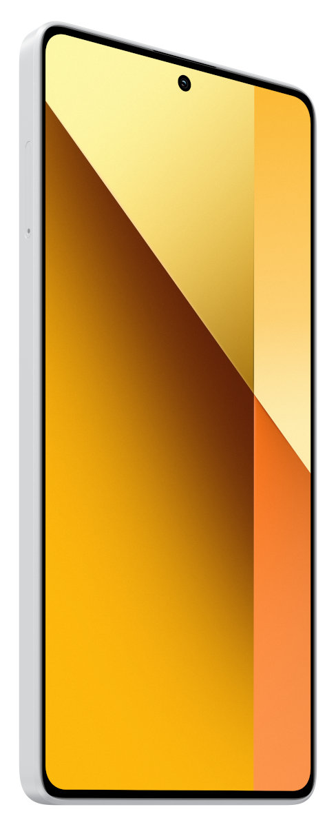Biały smartfon z żółto-pomarańczowym gradientem na ekranie, widok z boku, na białym tle.