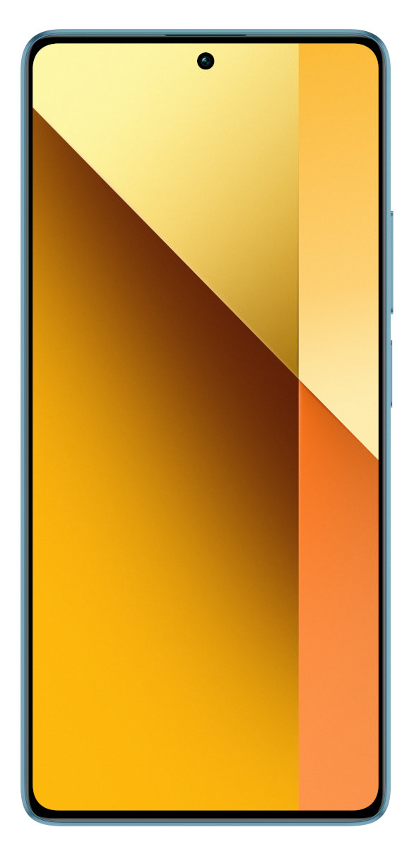Niebieski telefon z kolorowym wyświetlaczem. Tło białe.