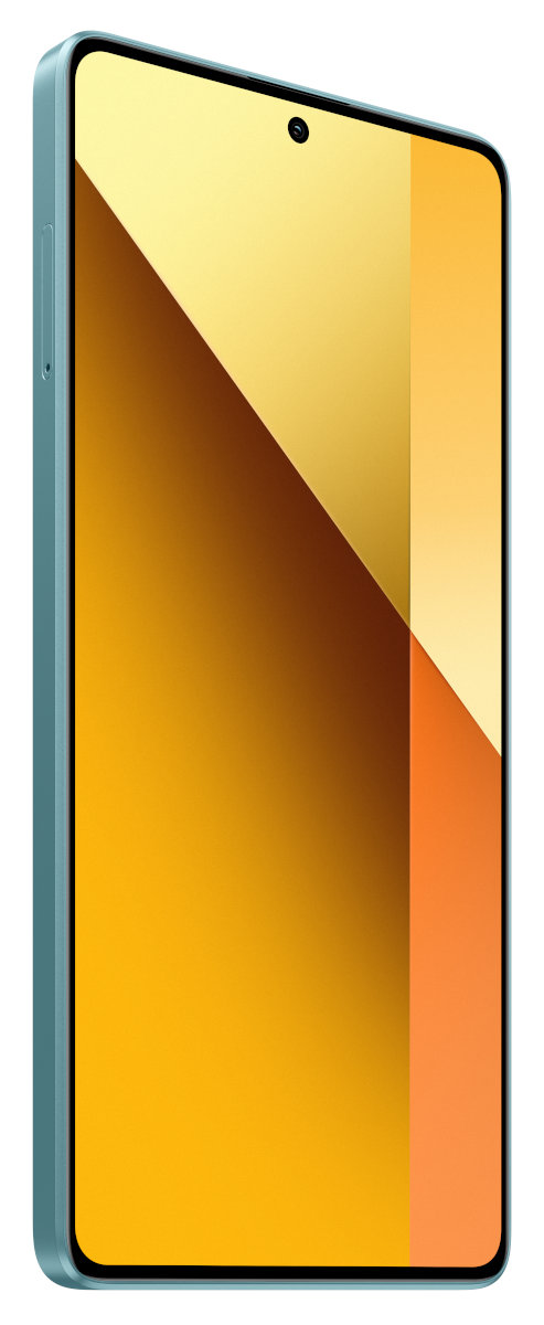 Jasnoniebieski smartfon ze złotym ekranem, widziany z niskiej, kątowej perspektywy.