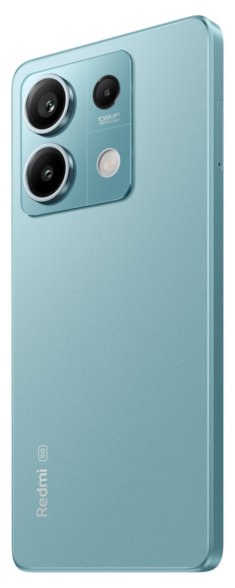 Niebieski tył smartfona z trzema obiektywami aparatu. Logo Redmi 5G z boku.