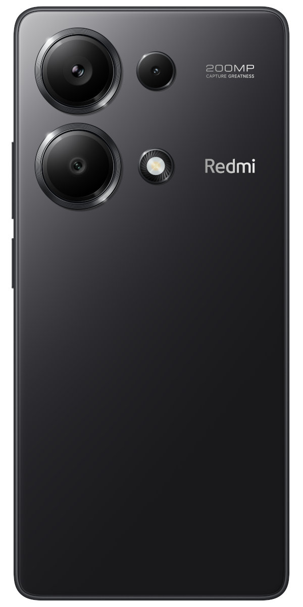 Tył czarnego smartfona z trzema aparatami, lampą błyskową i napisem Redmi.