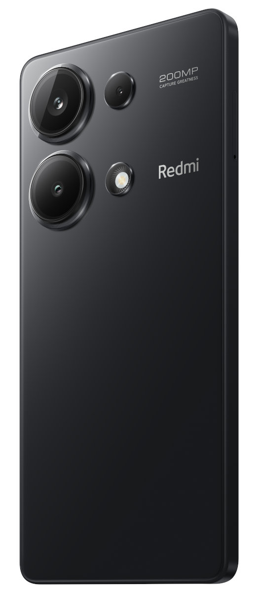 Czarny telefon z trzema tylnymi aparatami i nazwą marki Redmi.