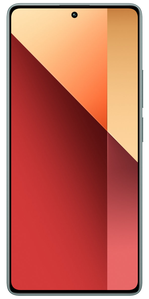 Smartfon z kolorowym ekranem, czerwonym i pomarańczowym, na białym tle.