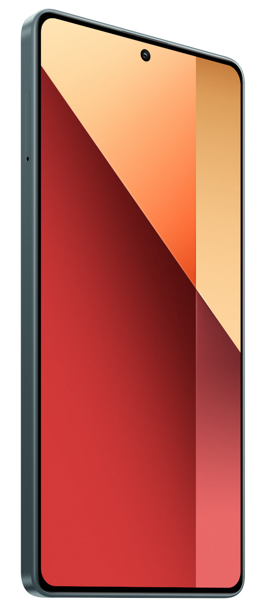 Smartfon z zieloną ramką. Ekran ma kolory pomarańczowy i czerwony. Białe tło.