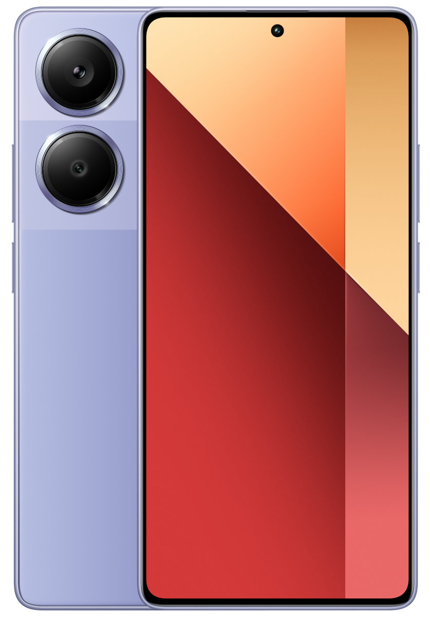 Lawendowy smartfon z dwoma tylnymi aparatami. Ekran wyświetla ukośny gradient kolorów: czerwony, pomarańczowy i beżowy.