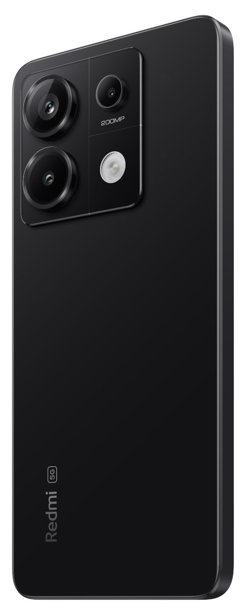 Czarny telefon Redmi 5G. Ma trzy tylne kamery i logo Redmi na dole.
