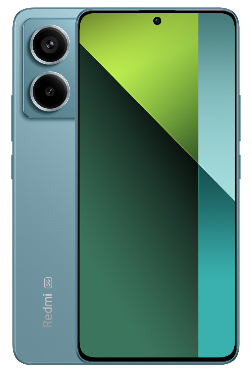 Jasnoniebieski smartfon z zielonym i turkusowym wyświetlaczem oraz dwoma tylnymi aparatami.