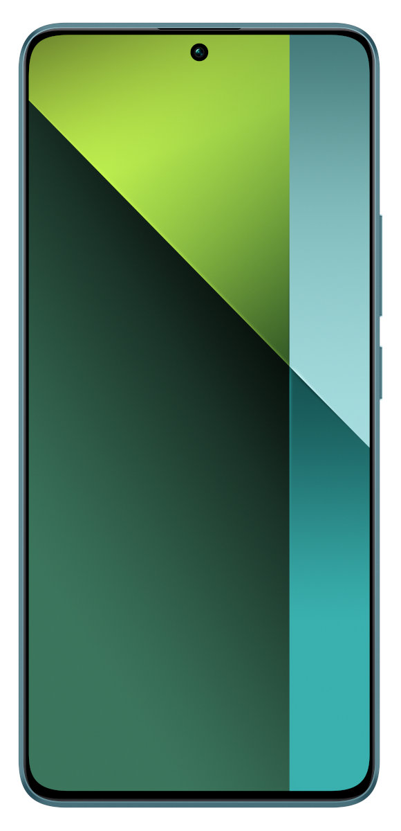 Niebieski smartfon z zielono-niebieskim gradientem na ekranie, na białym tle.