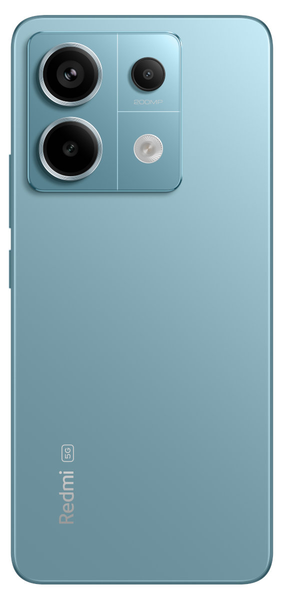 Niebieski tył telefonu z obiektywami aparatu. Telefon ma logo 5G i markę Redmi.