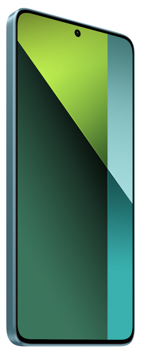 Jasnoniebieski telefon z zielonym ekranem, pochylony w prawo, z czarną kamerą.