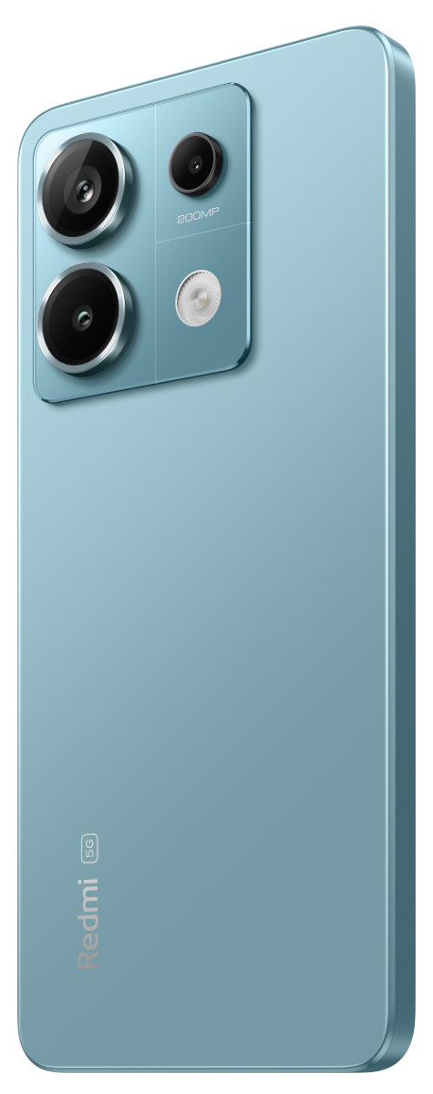 Niebiesko-zielony smartfon z trzema aparatami. Z tyłu ma 200MP i logo Redmi.