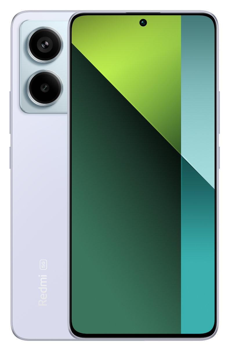 Lawendowy telefon z potrójnym aparatem na białym tle, zielony i niebieski ekran.