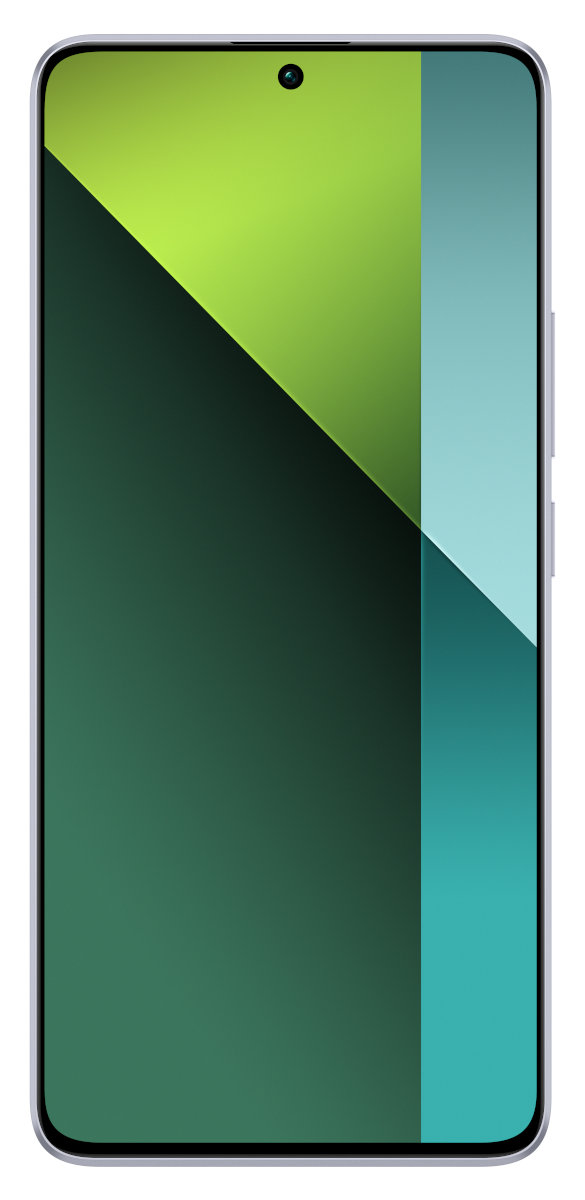 Smartfon z zielono-niebieskim gradientem, przednim aparatem i srebrną ramką z przyciskami.