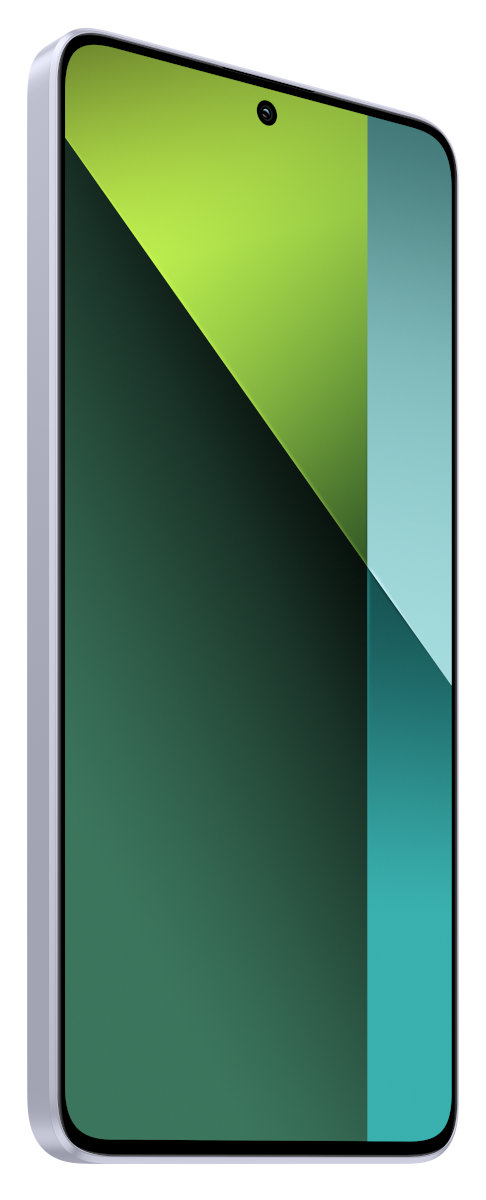 Jasnofioletowy smartfon na białym tle. Ekran wyświetla abstrakcyjny zielono-niebieski wzór.