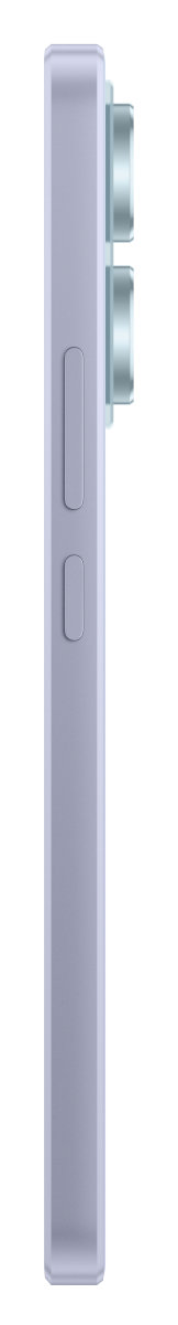 Widok z boku jasnofioletowego smartfona. Ma przyciski głośności i zasilania oraz wybrzuszenie kamery.