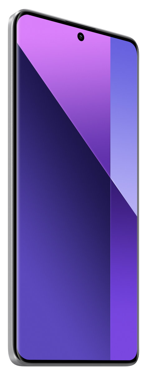 Smartfon, widok pod kątem, ekran wyświetla gradient fioletu i błękitu.