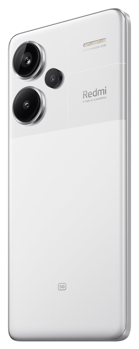 Biały smartfon z obiektywami aparatu. Logo Redmi. Telefon ma elegancki, nowoczesny design.