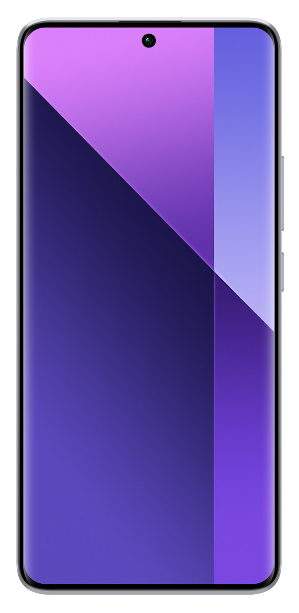 Smartfon z fioletowo-niebieskim gradientem na ekranie. Telefon ma srebrną ramkę.