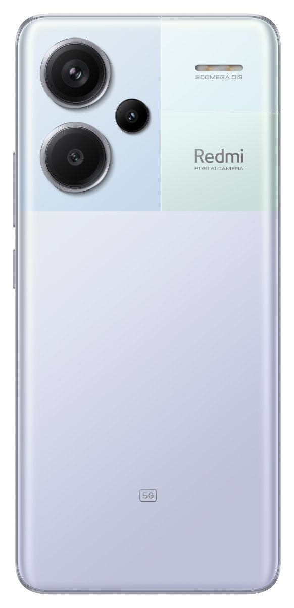 Tył smartfona z trzema aparatami, jasnoniebieską i białą kolorystyką oraz logo Redmi.