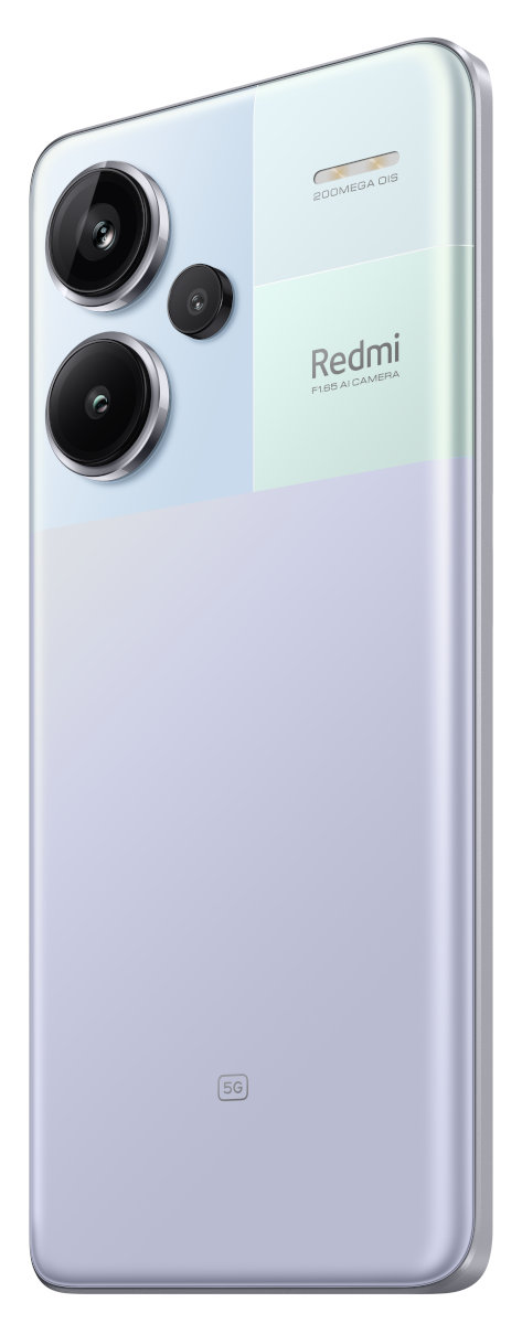 Jasnofioletowy smartfon. Ma trzy aparaty i logo 5G. Widoczny jest tył telefonu.