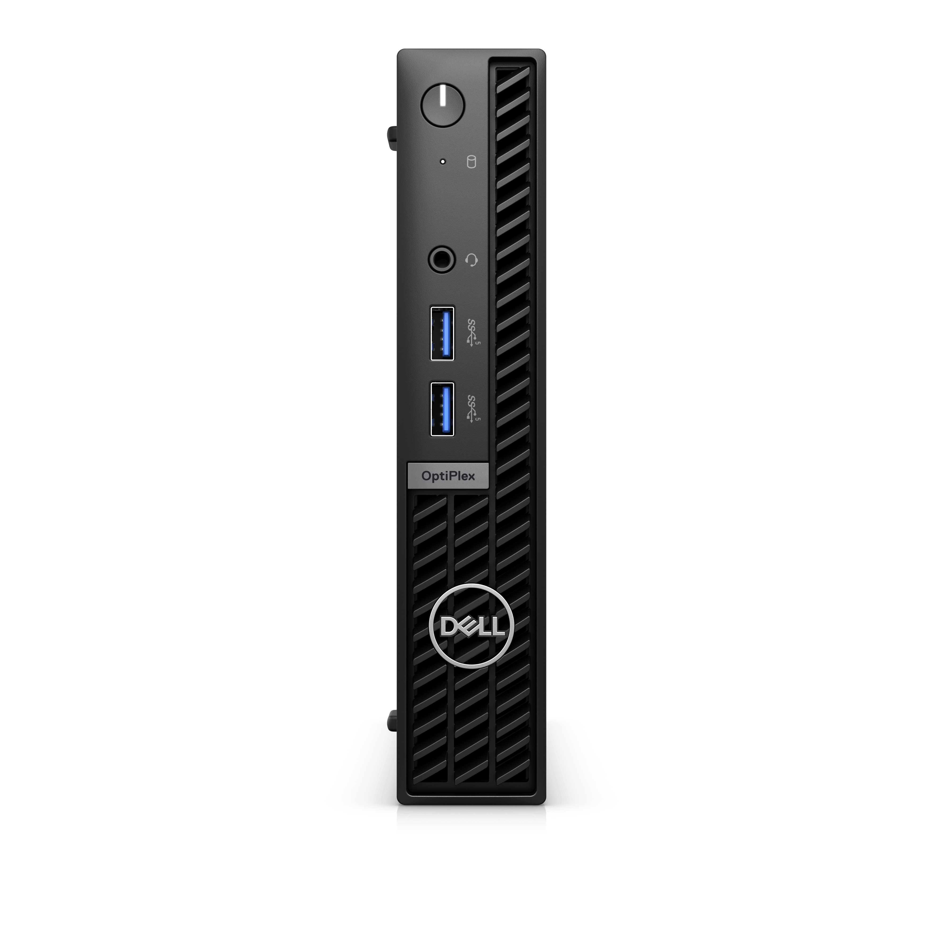 Schwarzer Dell OptiPlex Desktop-Computer, Seitenansicht. Anschlüsse, Einschaltknopf und Dell-Logo sichtbar.