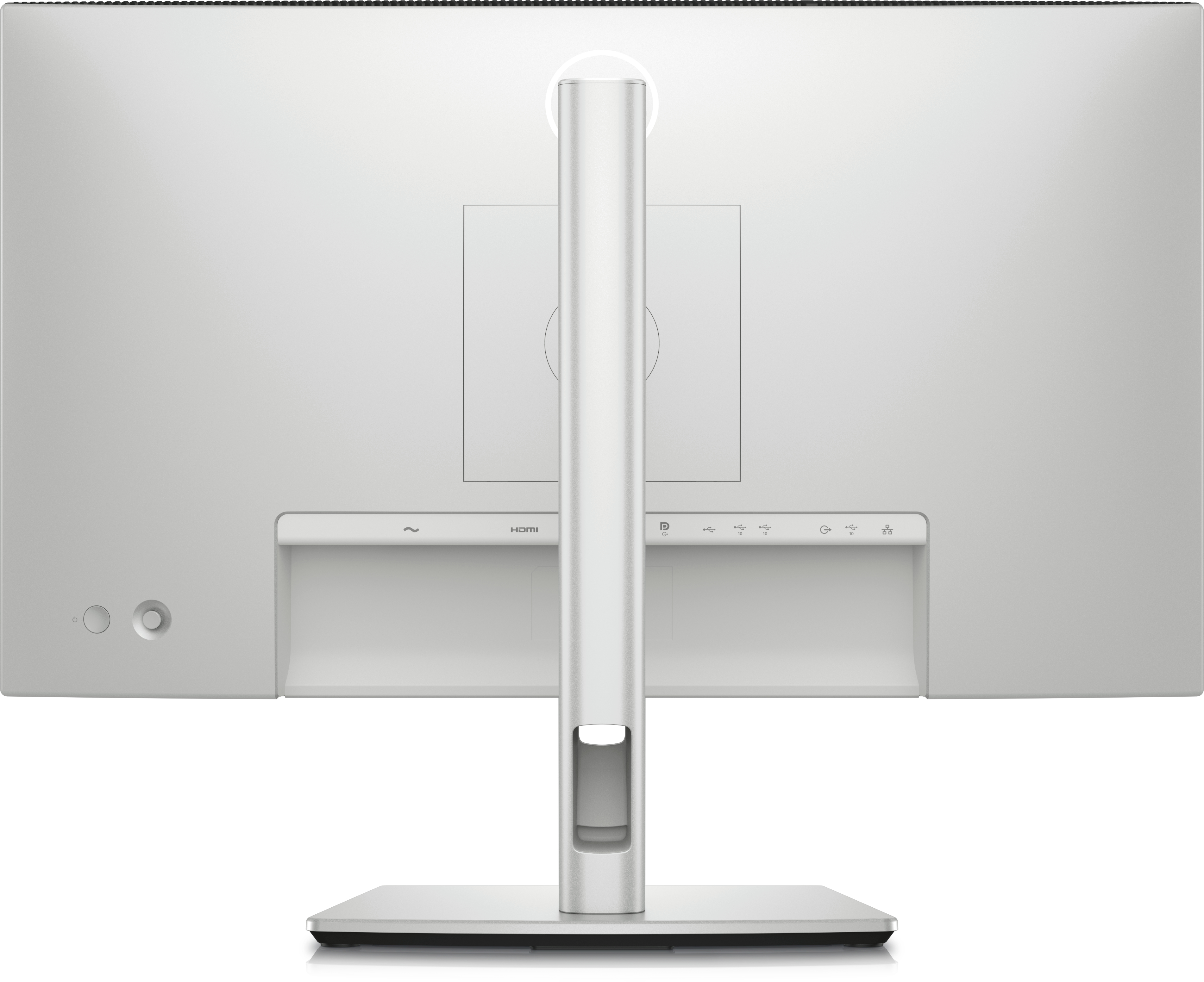 Rückseite eines weißen Computermonitors mit Anschlüssen und silbernem Ständer.