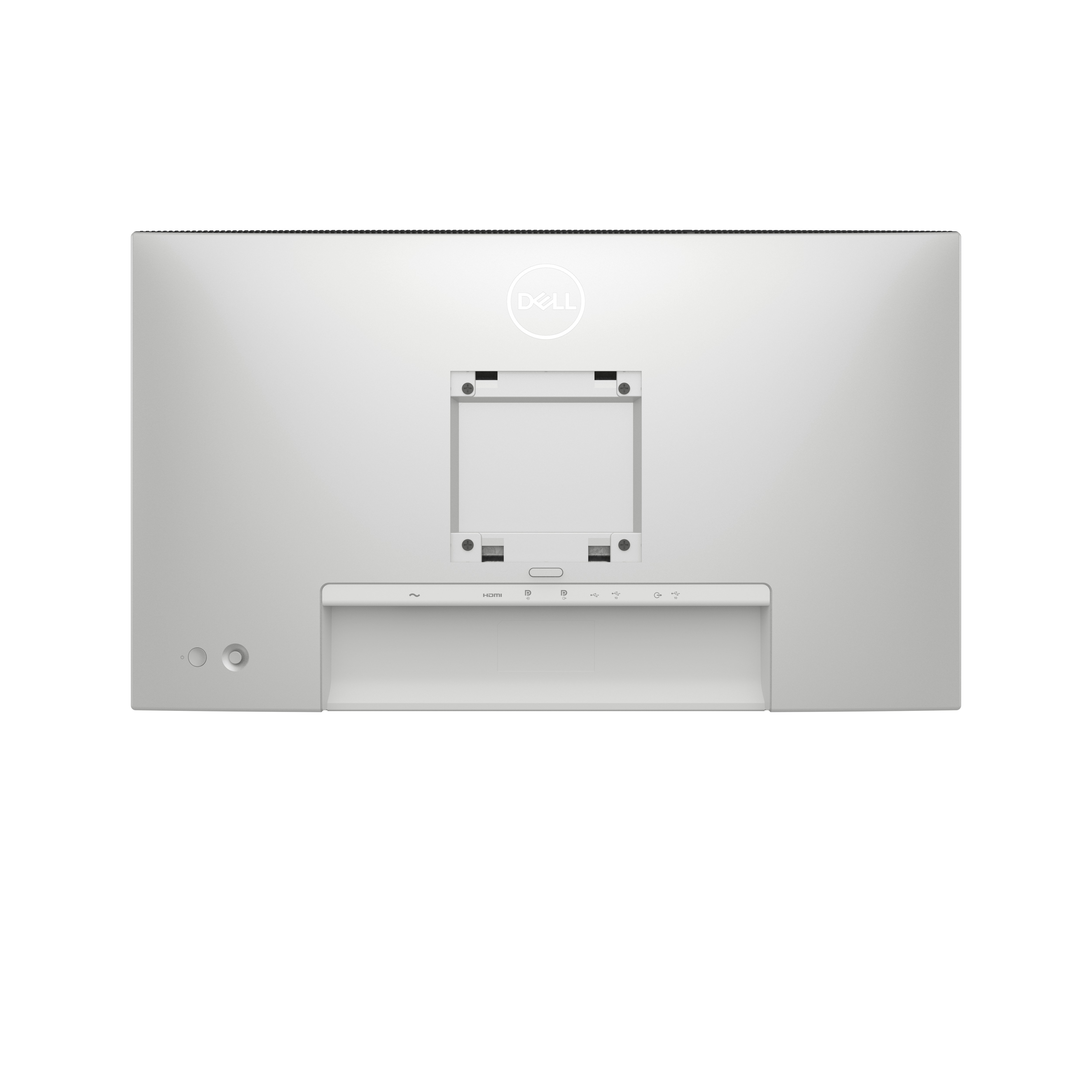 Rückseite eines silbernen Dell-Monitors. Er hat eine Halterung, Anschlüsse und das Dell-Logo. Die Oberkante ist schwarz.
