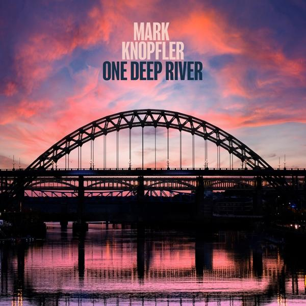 Mark Knopfler, One Deep River album borítója. Híd a víz felett, naplementés égbolt.
