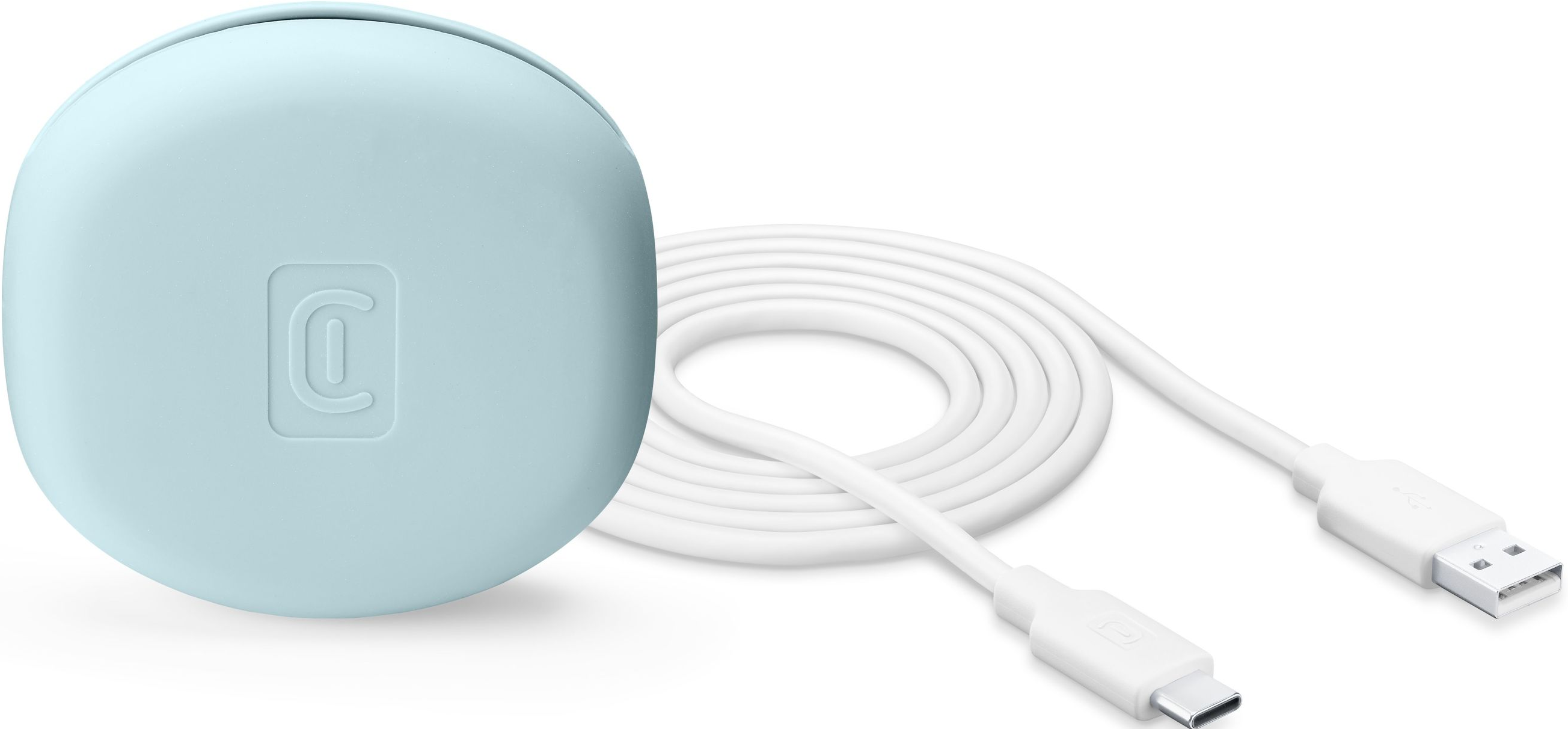 Ein hellblauer Kabelorganisator mit einem weißen Kabel.