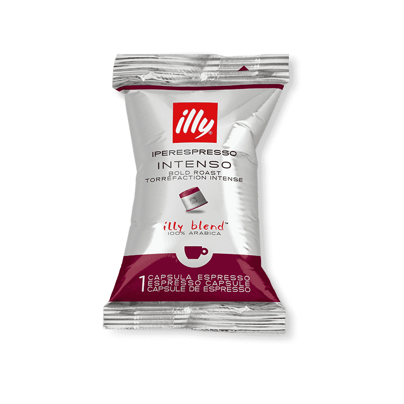Illy Kaffeekapsel-Packung, silber mit roten Akzenten. Text enthält 'INTENSO' und 'illy blend'.