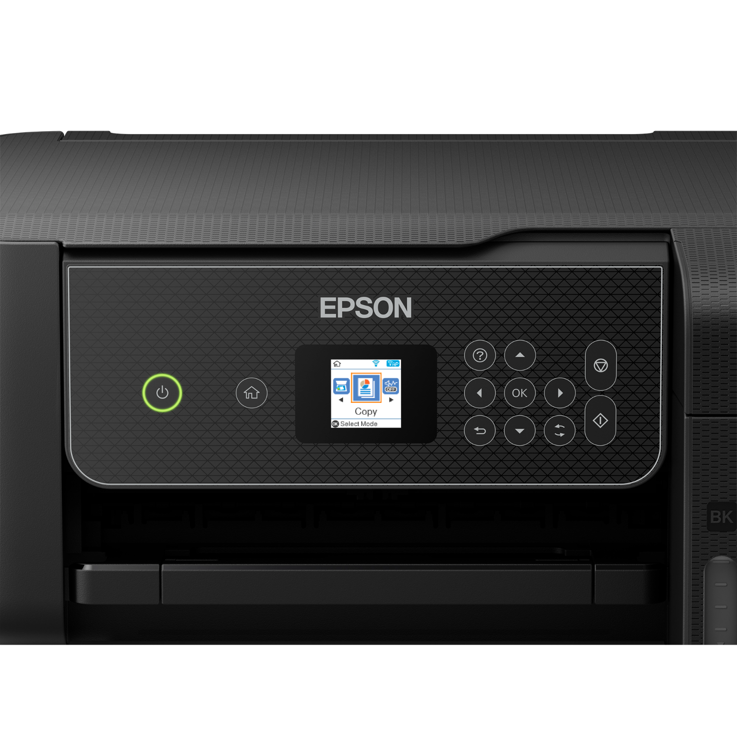 Zwart Epson printer bedieningspaneel met display en knoppen.