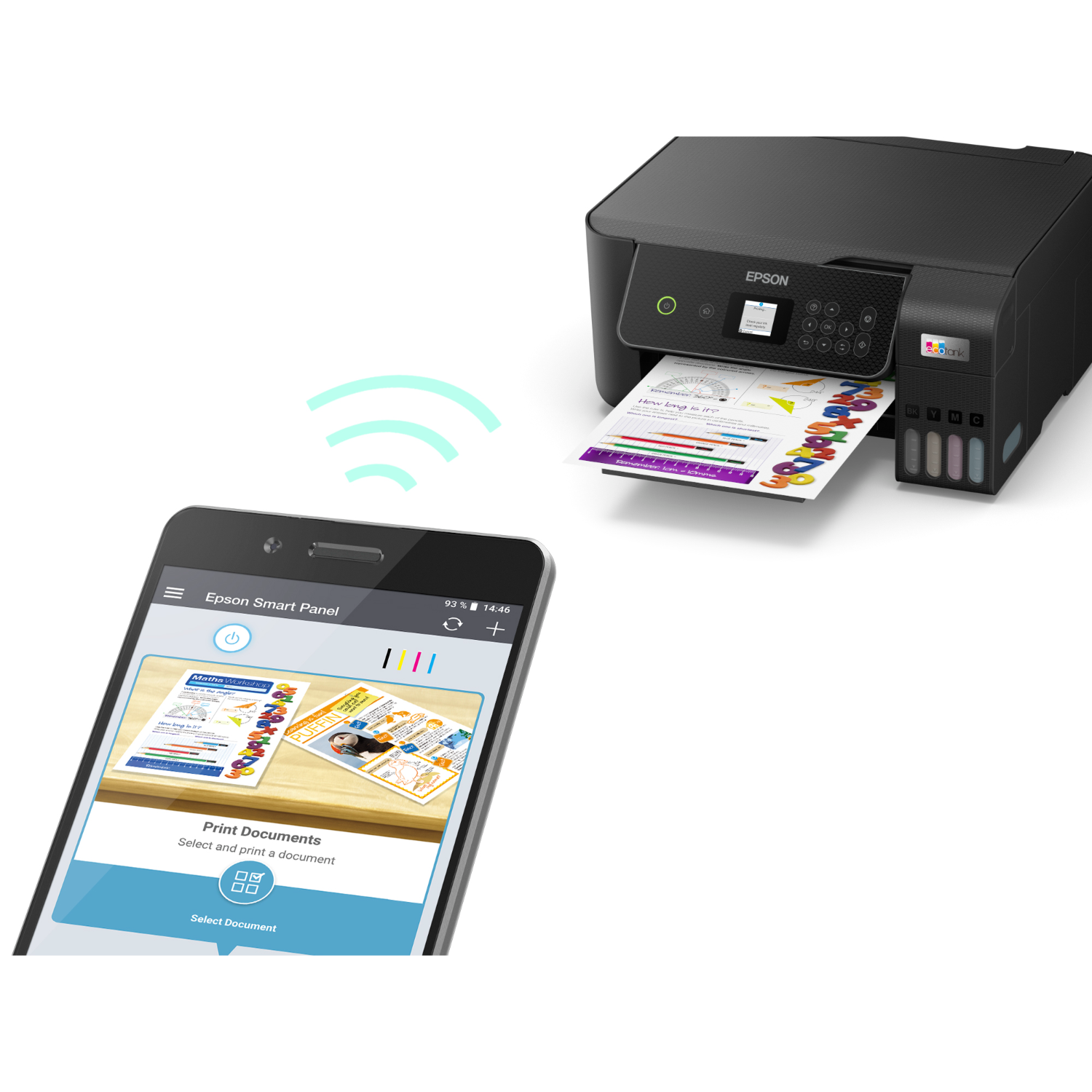 Een printer die een kleurrijke pagina afdrukt, draadloos verbonden met een smartphone die een afdruktaak weergeeft.