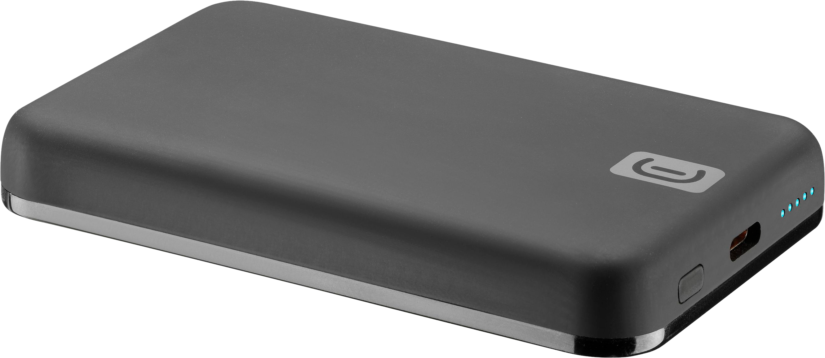 Une batterie externe gris foncé avec un logo et un port de charge.