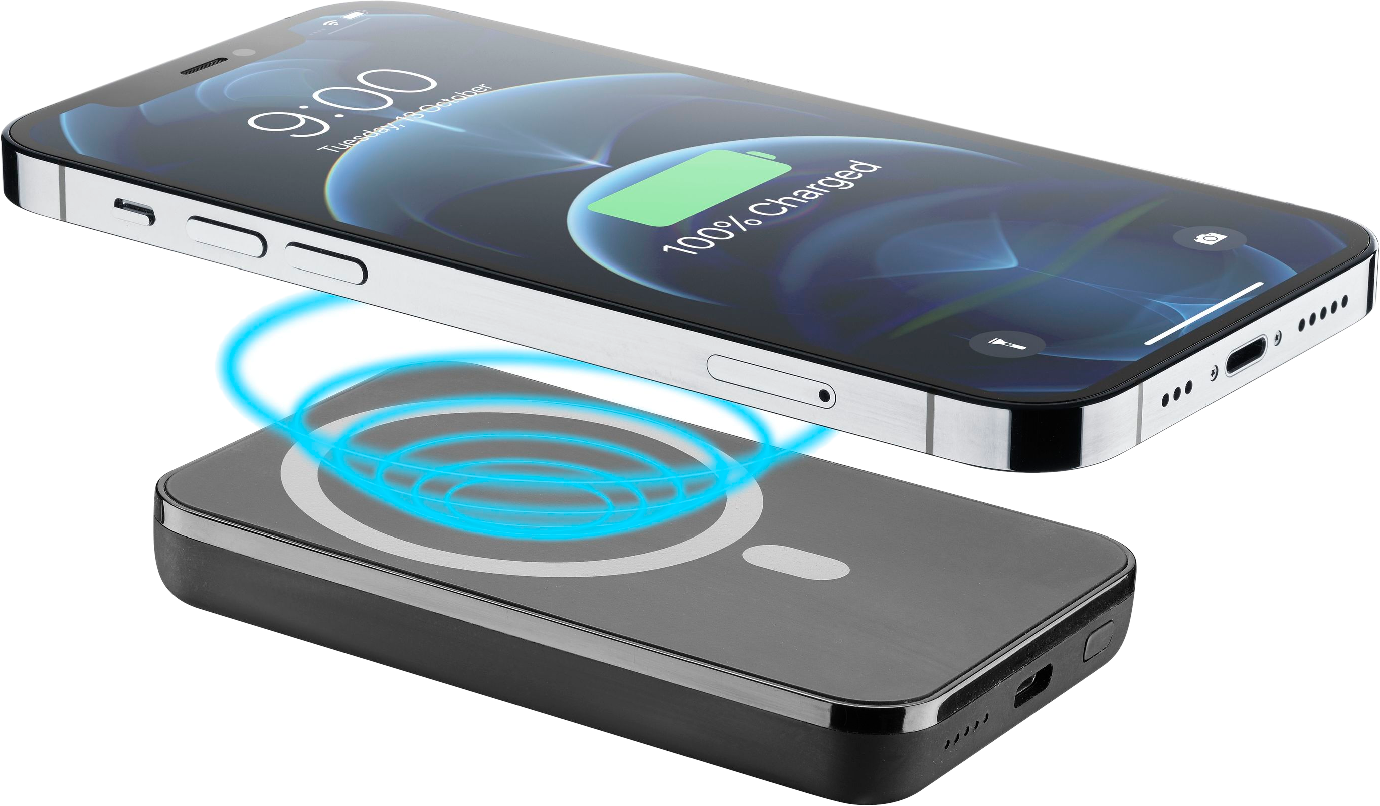 Téléphone noir se chargeant sans fil au-dessus d'un socle de chargement noir. Le téléphone affiche 100% chargé.