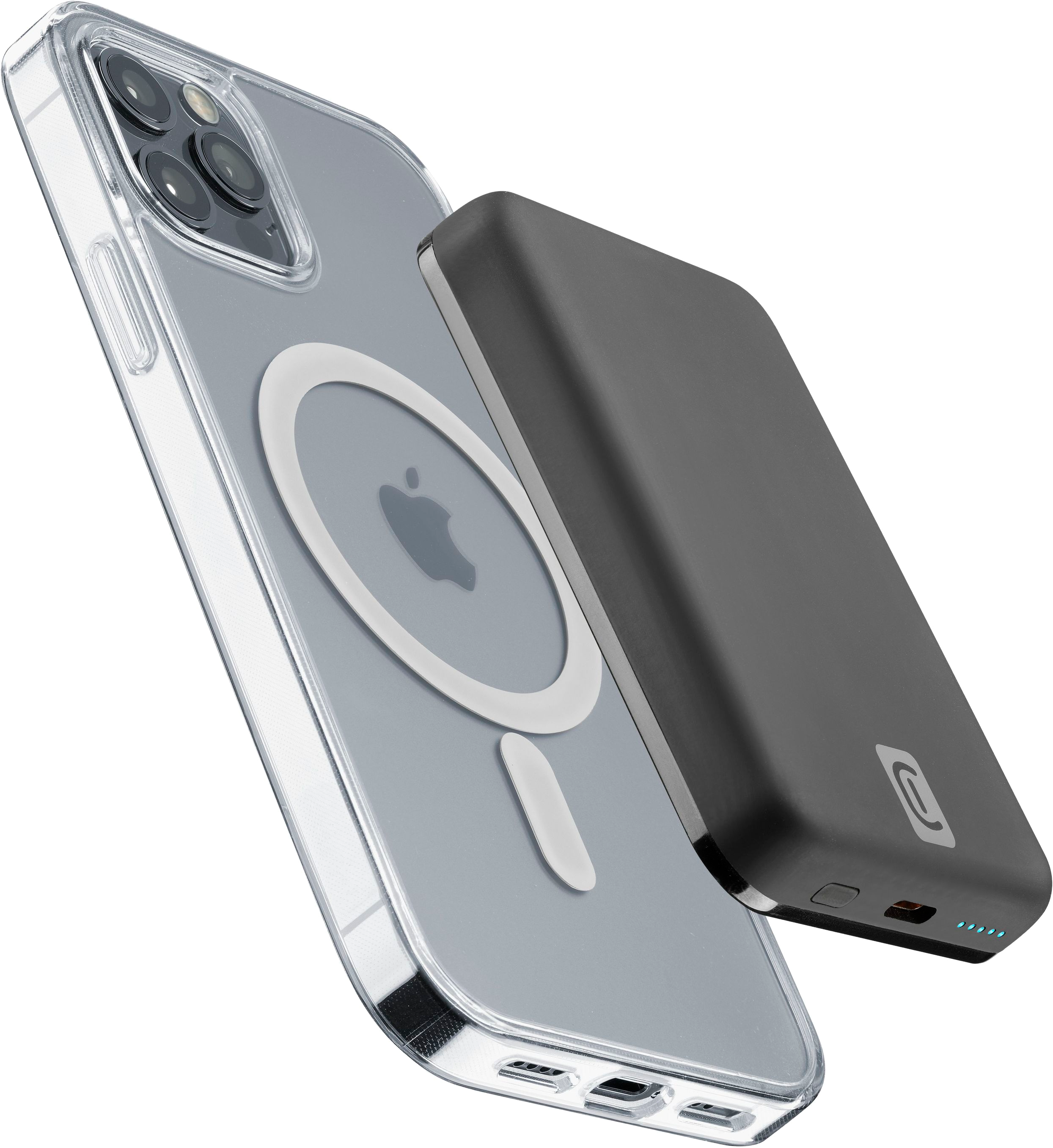 Un téléphone dans un étui transparent avec une batterie externe noire attachée. Fond blanc.