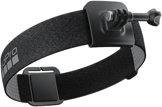 Sangle de tête GoPro noire avec un support GoPro. Elle a une boucle noire et une sangle grise. Fond noir.