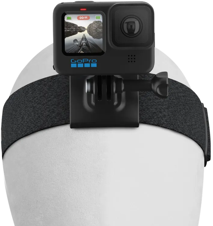 Caméra GoPro montée sur un bandeau. L'écran affiche une scène. Noir et gris.