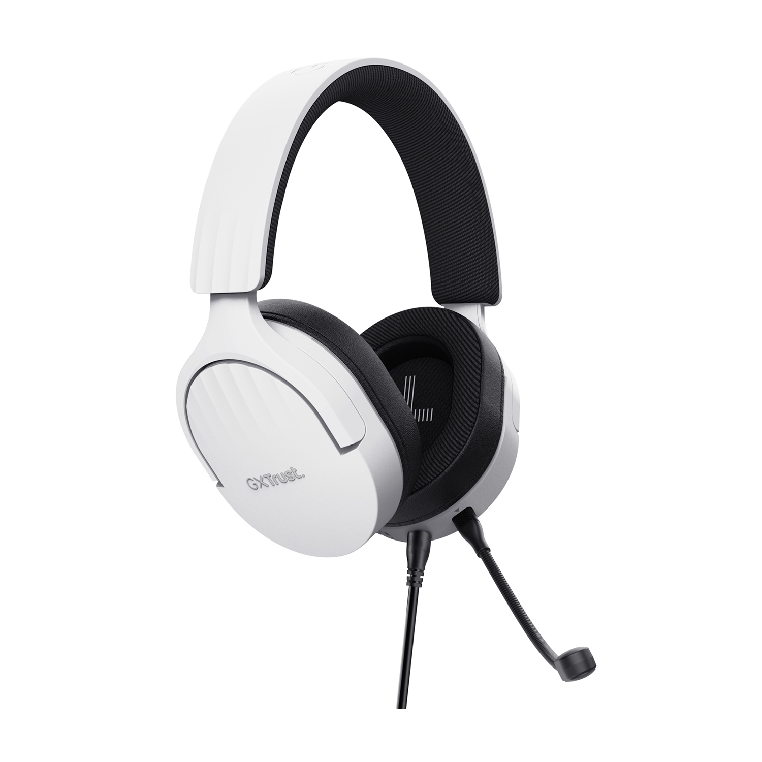 Cuffie da gioco bianche e nere. Le cuffie hanno un microfono e sono su sfondo bianco.
