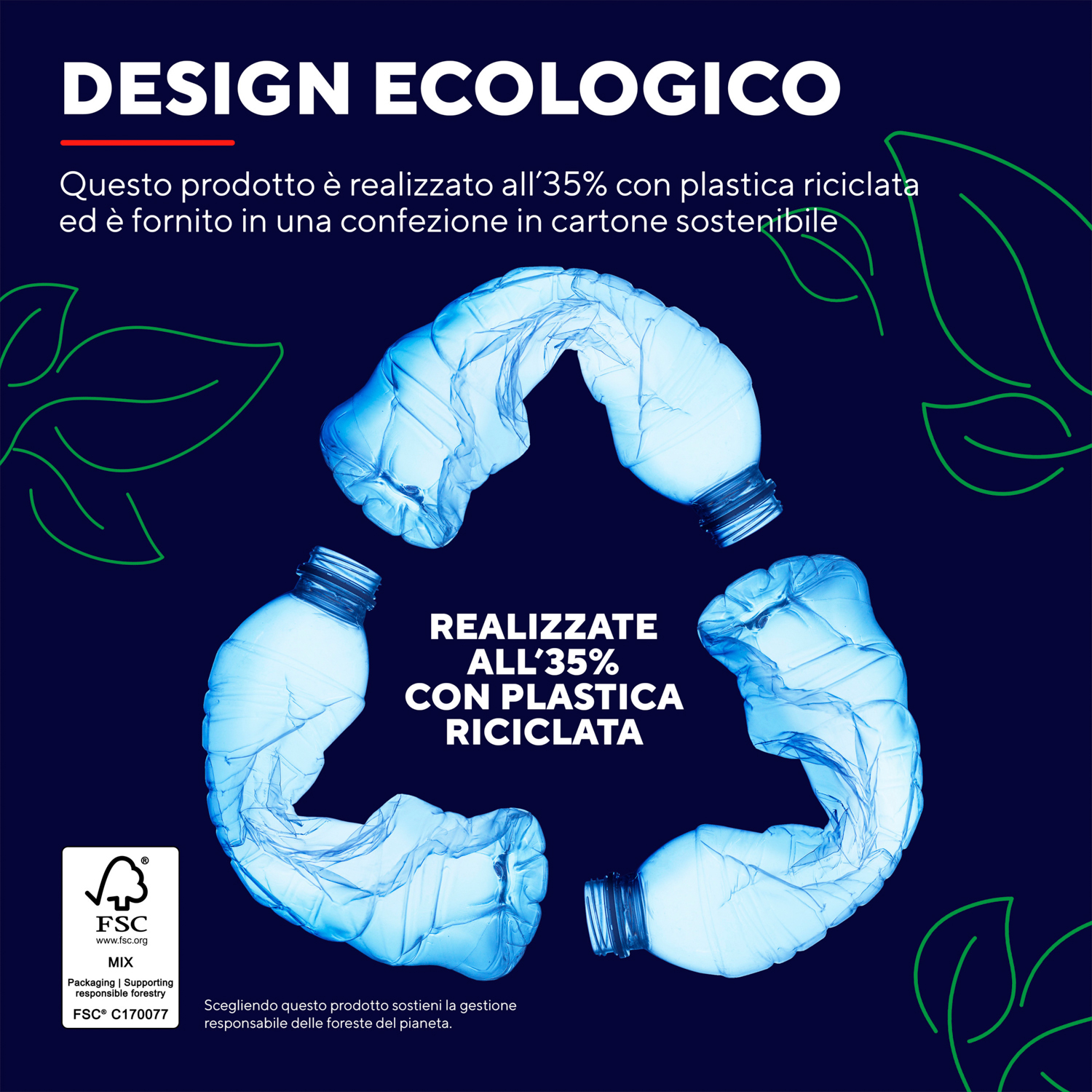 Tre bottiglie di plastica blu in un simbolo di riciclaggio. Il testo dice: 'REALIZZATO CON IL 35% DI PLASTICA RICICLATA'.