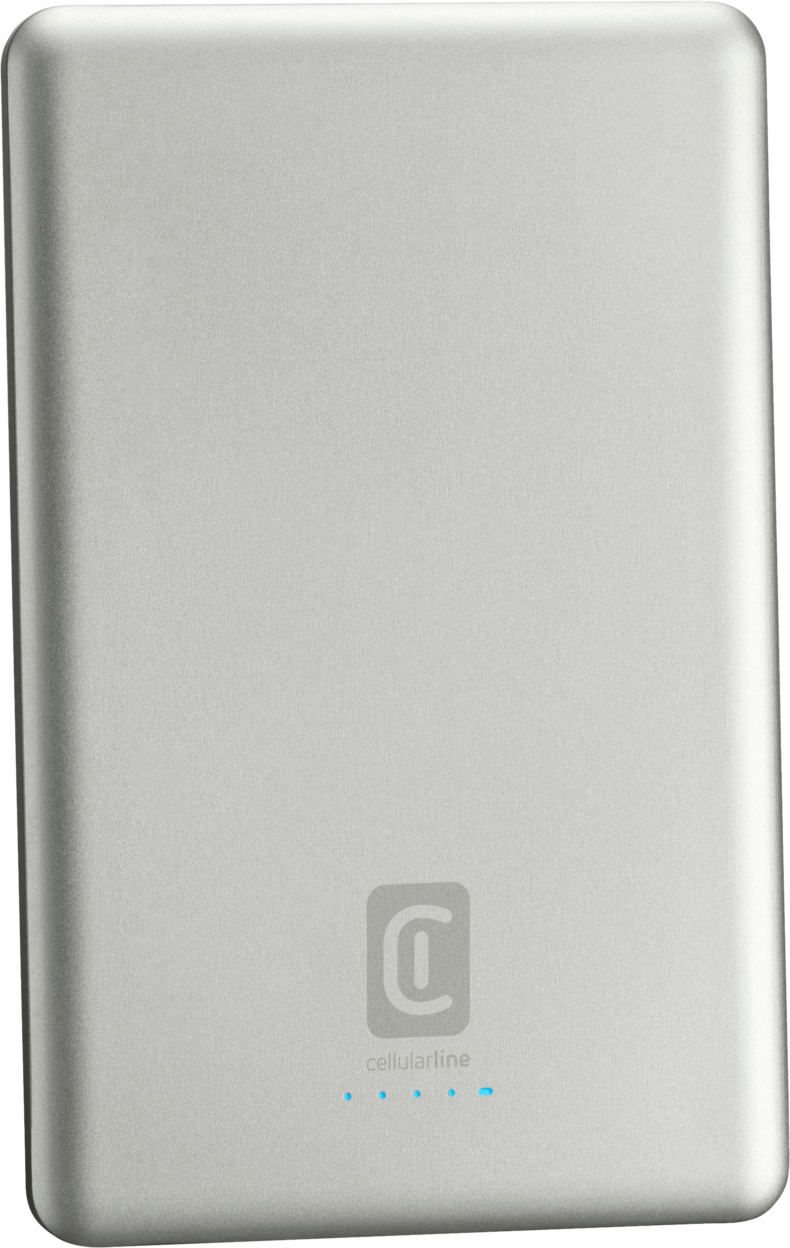 Silberne Powerbank mit Cellularline-Logo und vier blauen Kontrollleuchten.