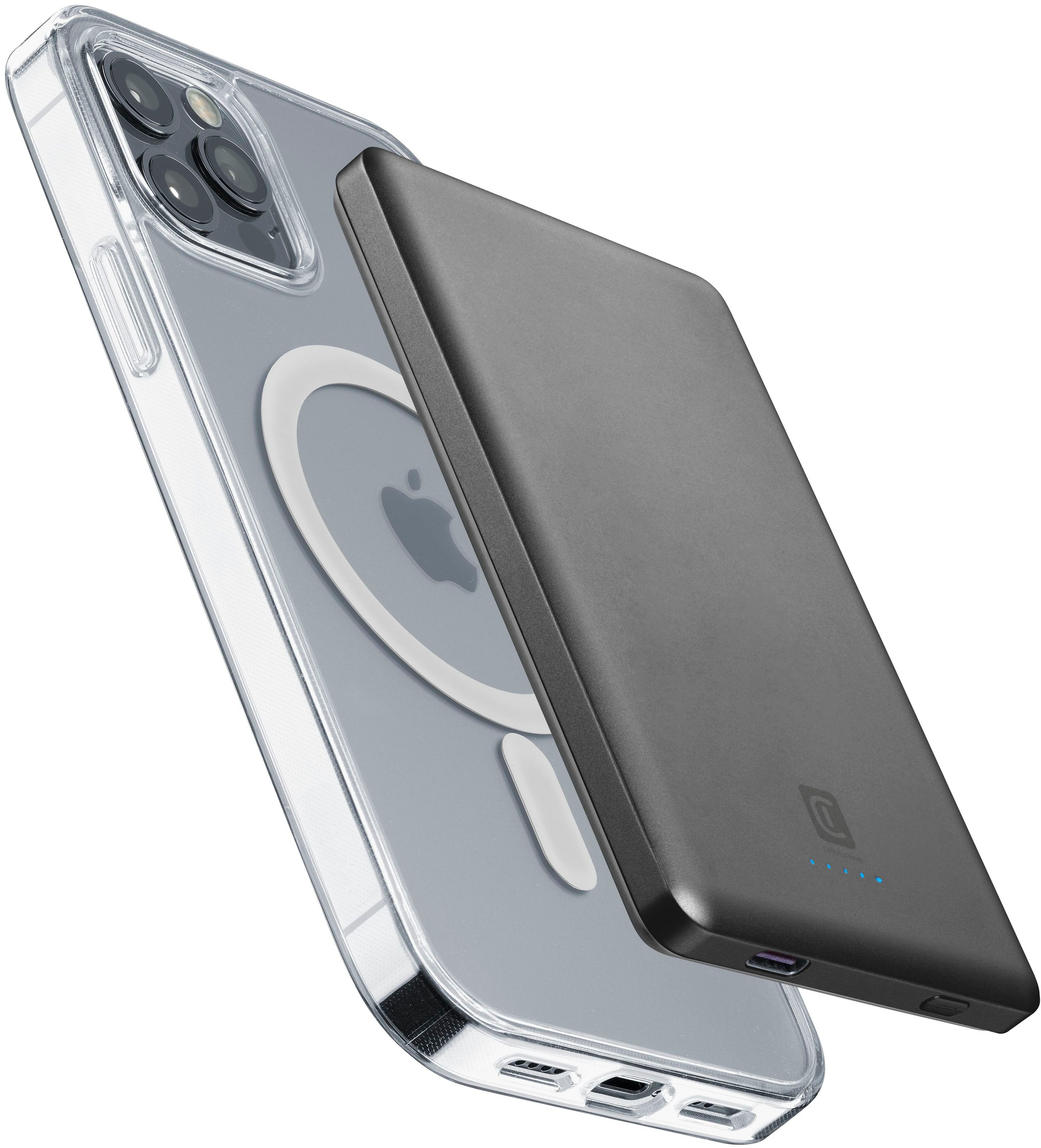 Telefon mit angeschlossenem tragbaren Ladegerät auf weißem Grund.