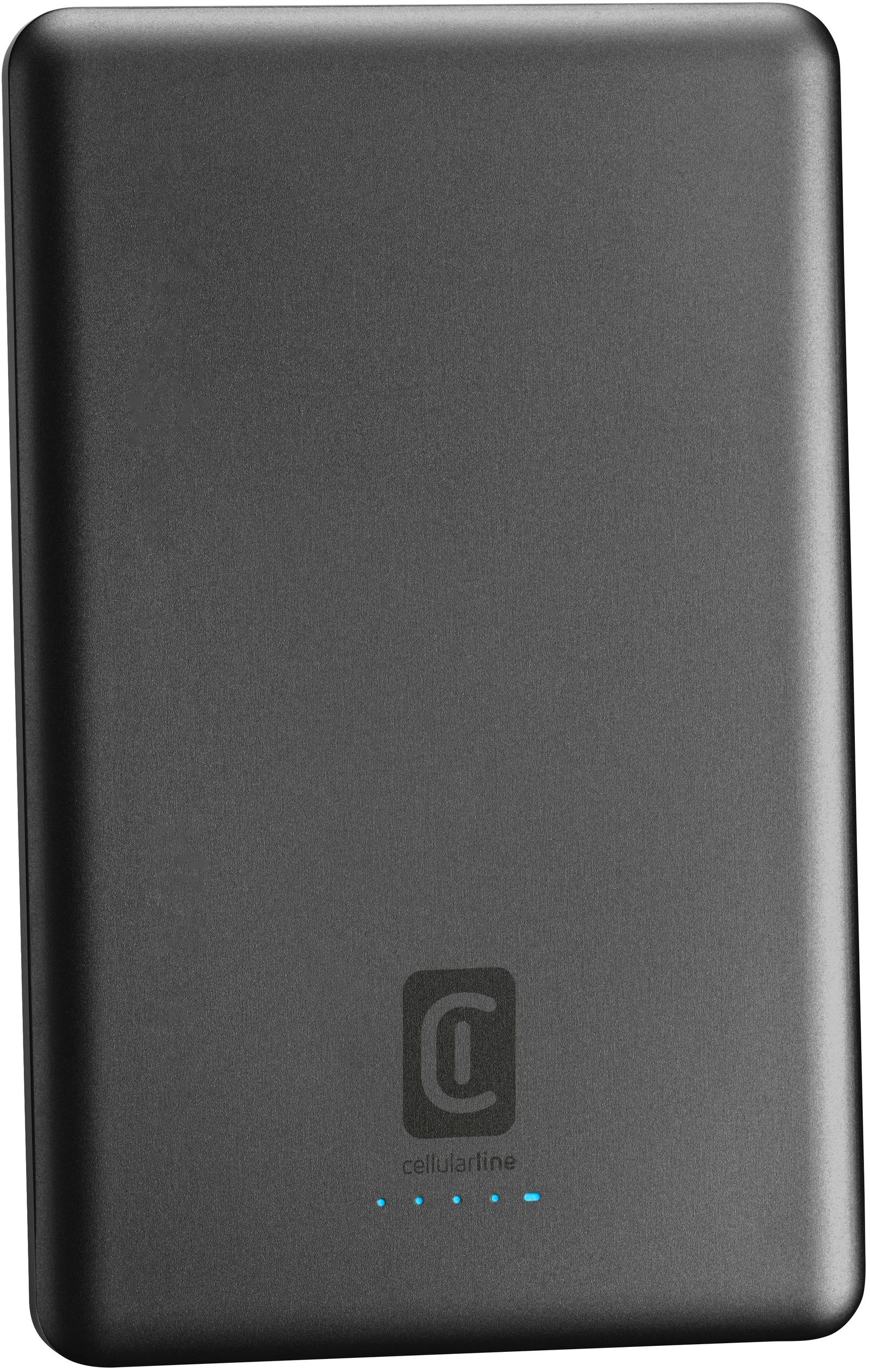 Eine dunkelgraue, rechteckige Powerbank mit 'cellularline'-Logo und blauen Kontrollleuchten.