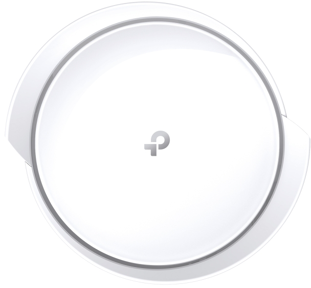 Fehér TP-Link router kör alakú dizájnnal, felülnézetből, egyszerű és modern.