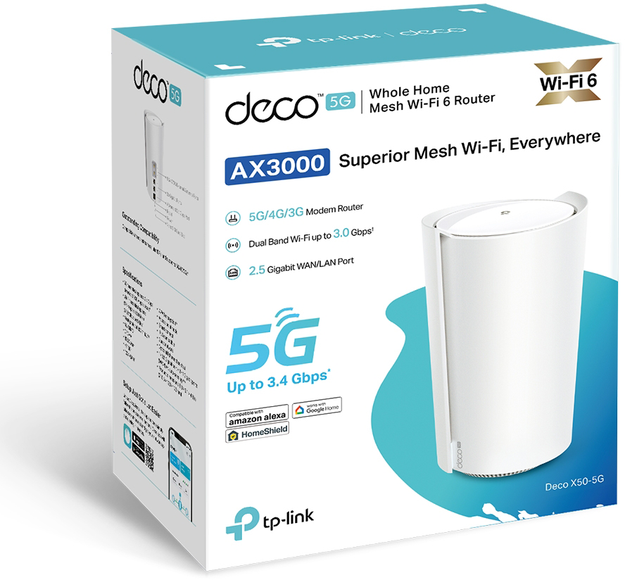 Fehér dobozos Deco 5G Wi-Fi 6 router. A szöveg tartalmazza az 5G-t, a Wi-Fi 6-ot és az Alexa kompatibilitást.