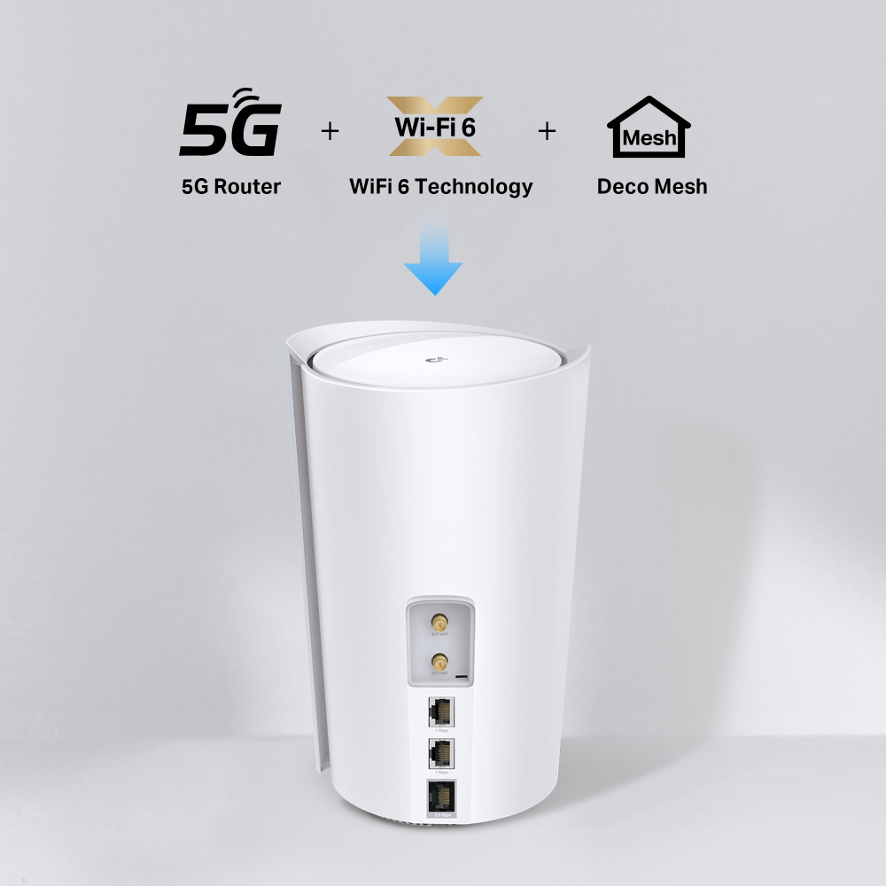 Fehér router 5G, WiFi 6 és Mesh szimbólumokkal. Csatlakozók a hátoldalon.