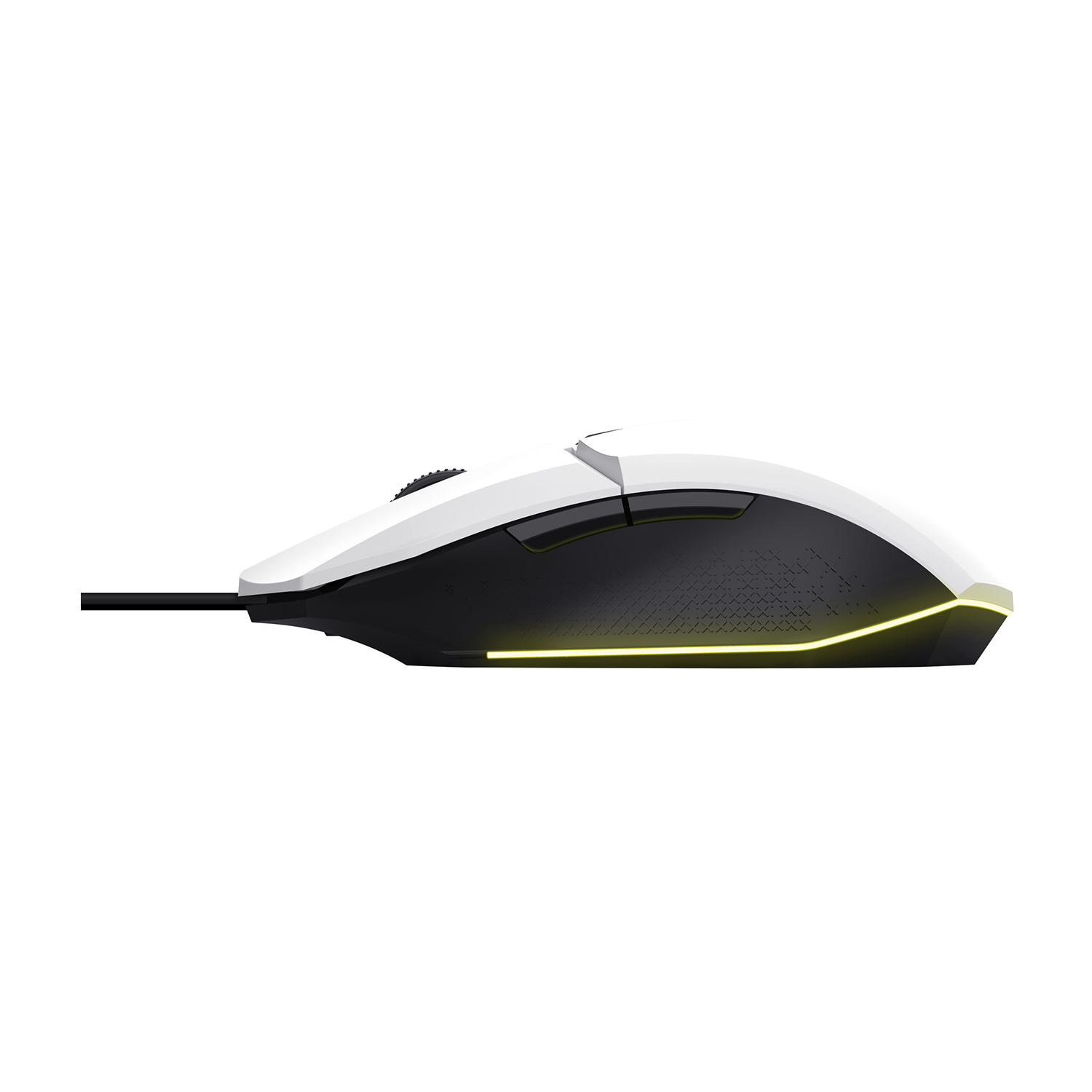 Mouse da gaming, bianco e nero, vista laterale, con cavo nero, sfondo bianco.