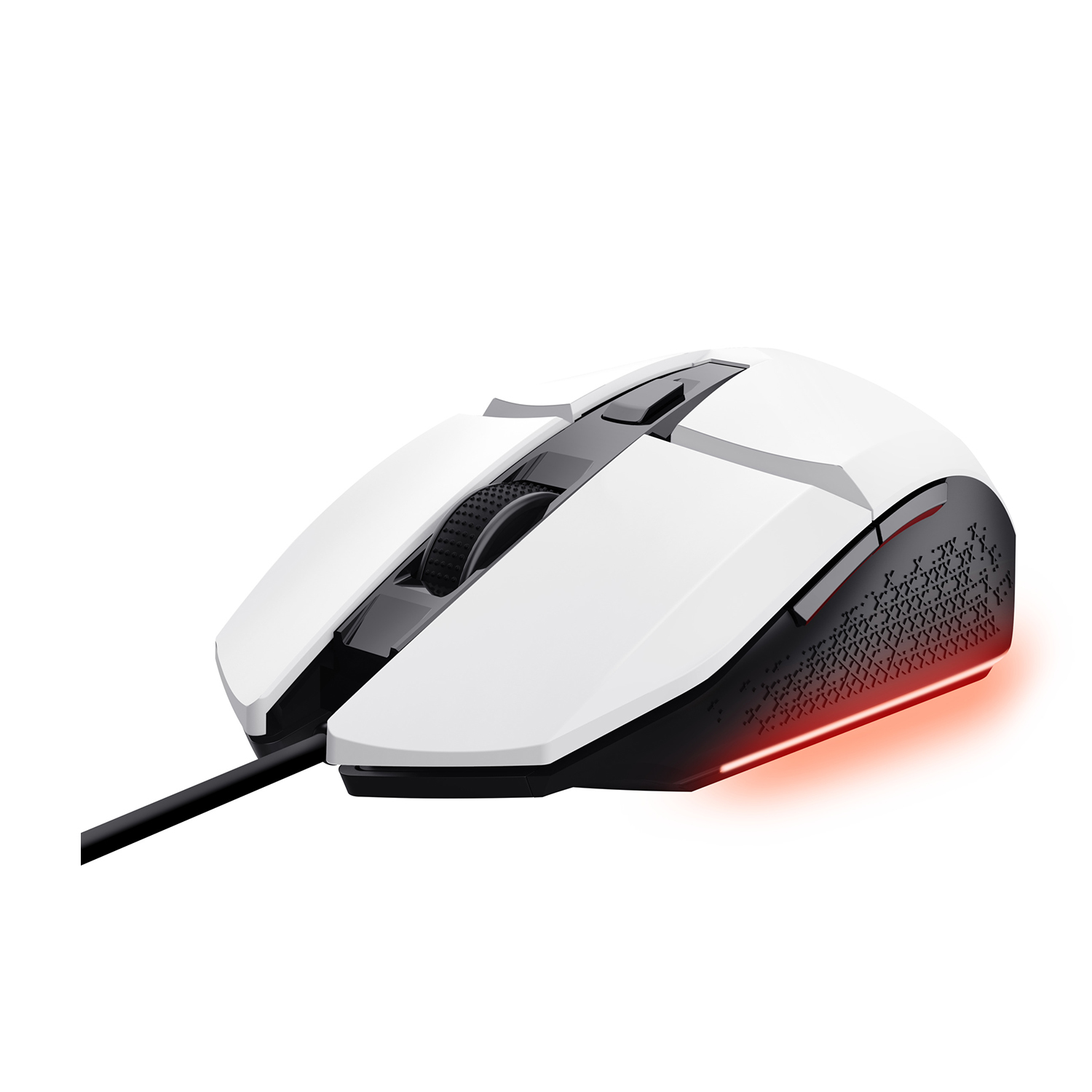 Mouse da gioco bianco e nero con illuminazione rossa sul fondo.