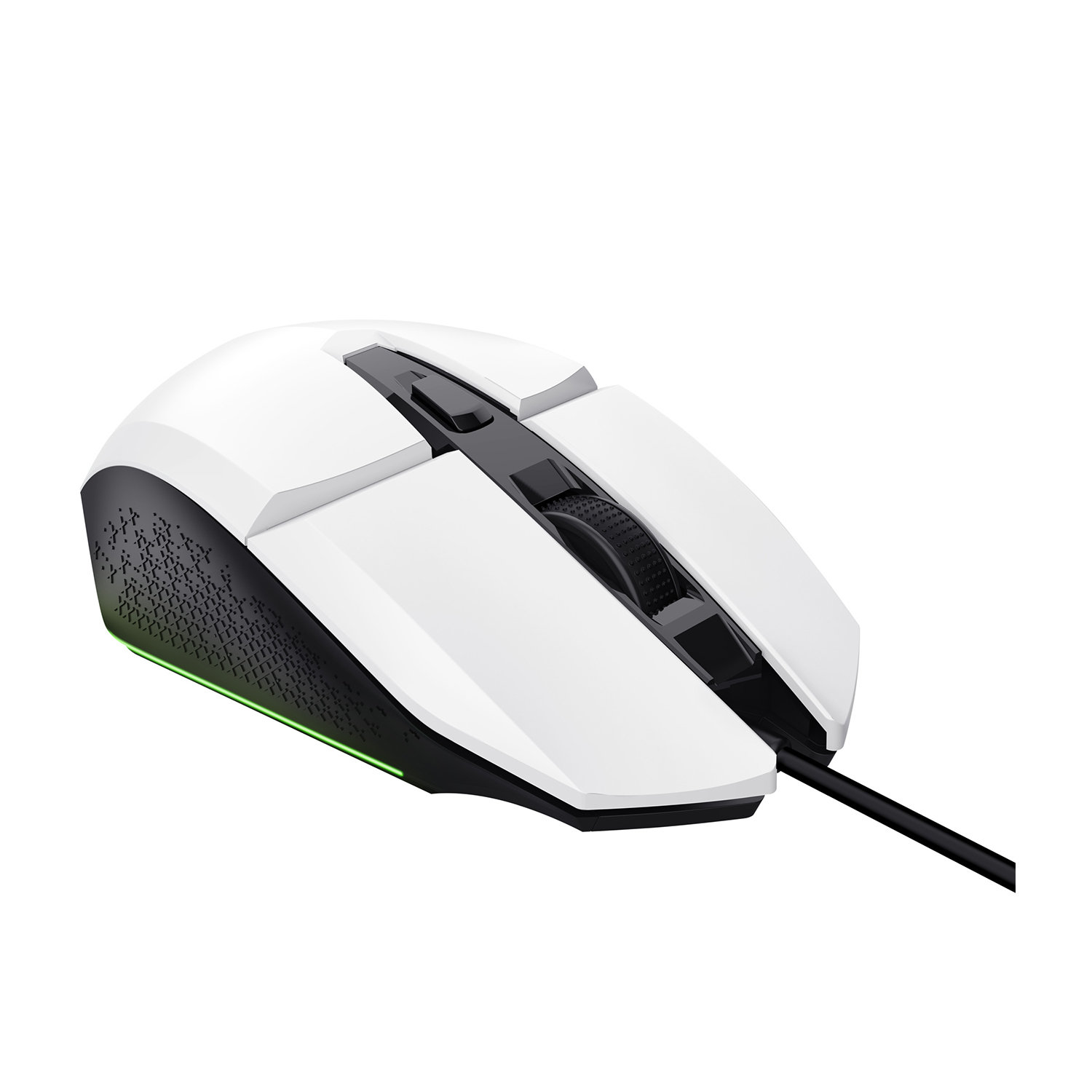Mouse gaming bianco con dettagli neri e rotella. Un cavo nero parte dal mouse.